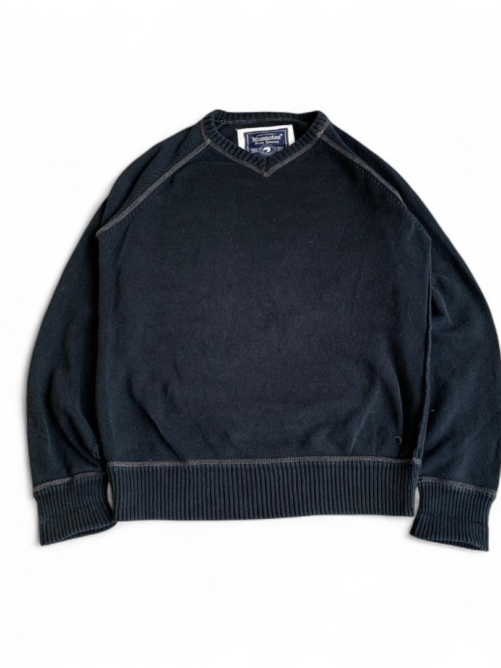 Vintage 90s blue notes black 100% cotton knit sweater with white stitching detai